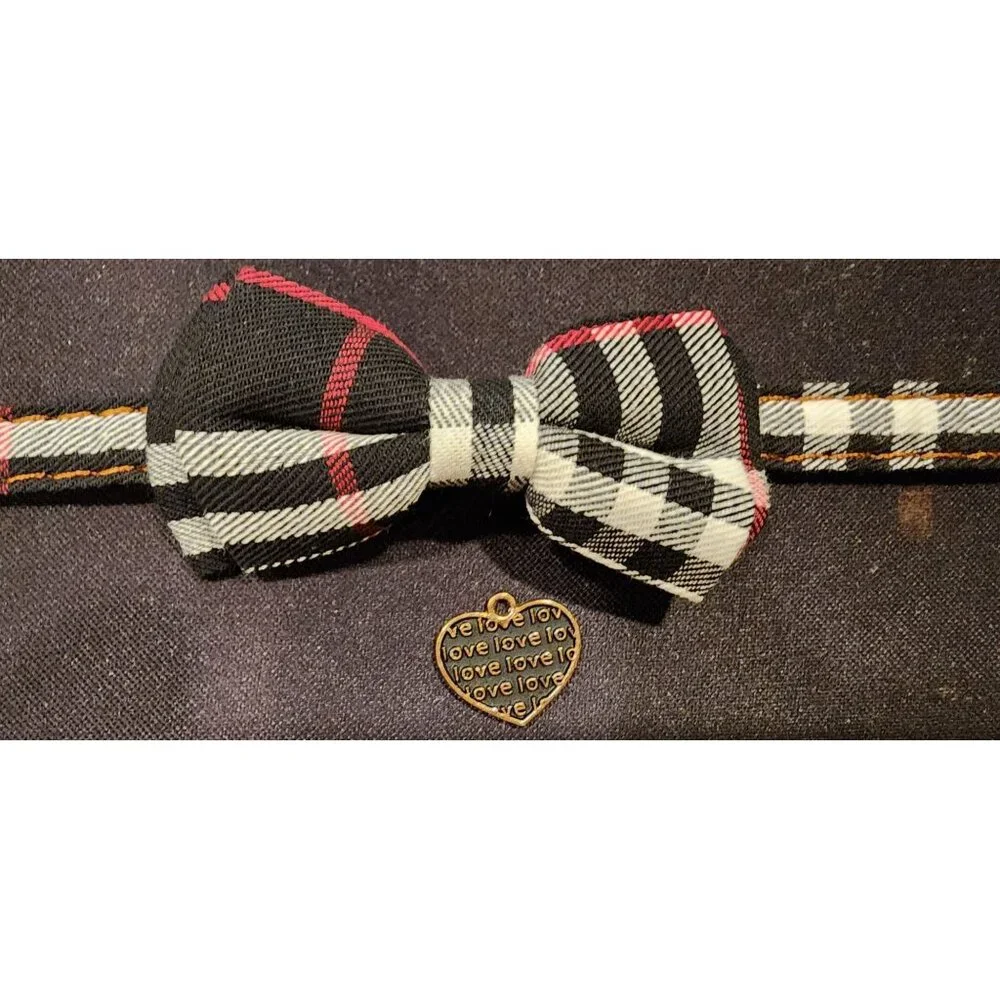 NEW Pipidog Adjustable Plaid Cat Collar With Bowtie Bell & Heart Charm